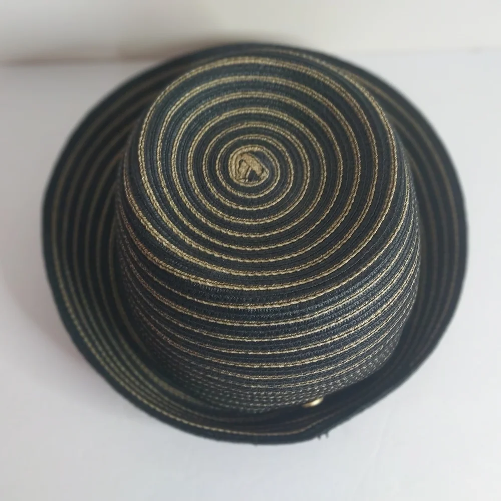 Eric Javits Navy and Natural Straw Hat with Gold Logo Button - Picture 4 of 8